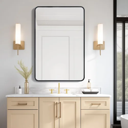 USHOWER Espejo de baño negro para sobre el fregadero, 24 x 36 pulgadas, espejo rectangular con marco de metal, para casa de campo moderna, montado