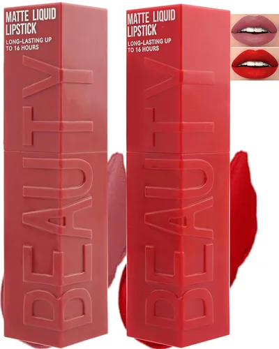 Miniatura 15 de Lápiz labial líquido mate para mujeres - 2 unidades, rosa nude y rojo vino, tinte labial altamente pigmentado, brillo labial mate aterciopelado