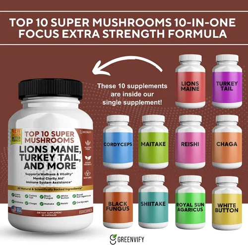 Miniatura 5 de Lions Mane 10 Super Champiñones Suplemento - Melena de León, Reishi, Cordyceps, Extractos de Shiitake - 60 Cápsulas (1)