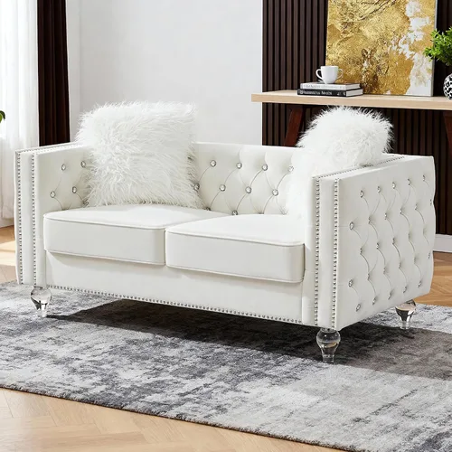 Miniatura 12 de Chesterfield - Sofá biplaza de lujo con patas acrílicas, sofás de 2 plazas, moderno de 59.84 pulgadas, con botones de diamante copetudo, con ribete