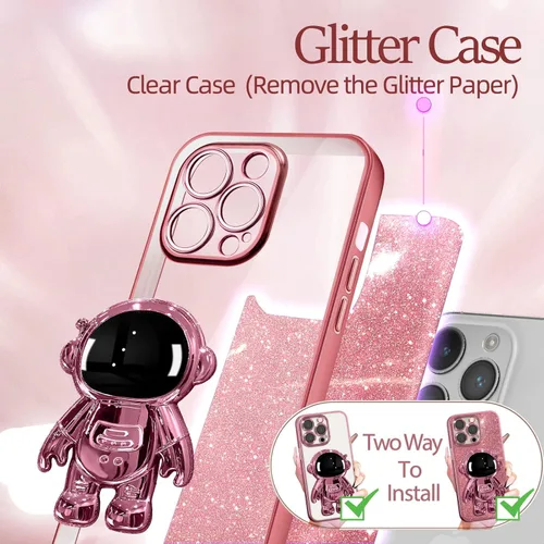 Miniatura 4 de Buleens Funda para iPhone 13 Pro Astronauta, Fundas Transparentes para iPhone 13 Pro con Papel Brillante y Soporte de Astronauta, Mujeres Niñas Rosa