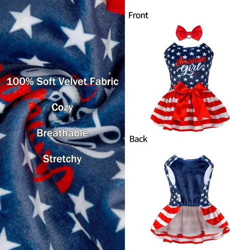 Miniatura 3 de CuteBone - Vestidos de terciopelo para perros del 4 de julio para perros pequeños, mono para mascotas, ropa para niñas, falda de cachorro con lazo