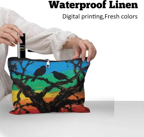 Miniatura 4 de Cafl Bolsa de maquillaje para mujeres y niñas, organizador de viaje portátil de gran capacidad, 10 x 8 pulgadas, Par de mirlo posado en ramas