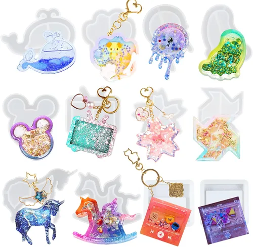 Miniatura 33 de Juego de moldes agitadores de resina, suministros de fundición de joyería epoxi, máquina de garras, camión de postres, consola de juegos, oso