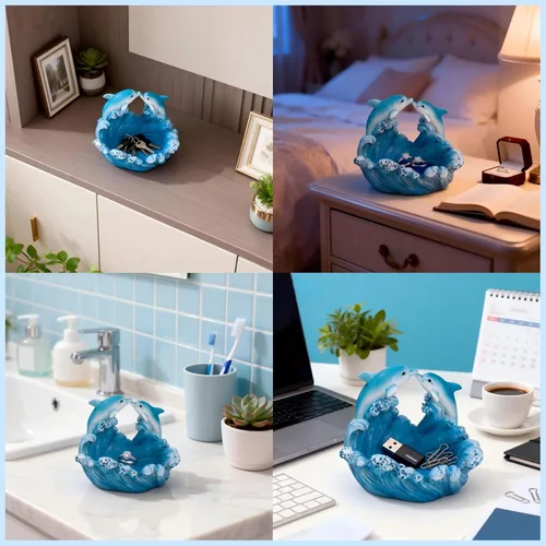 Miniatura 3 de Estatua de resina de delfín con base ondulada, decoración de mesa auxiliar, pequeña decoración de escritorio para estante de oficina en casa, mini
