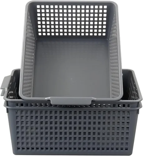 Miniatura 7 de Paquete de 3 cestas de almacenamiento de plástico, contenedor de almacenamiento grande gris