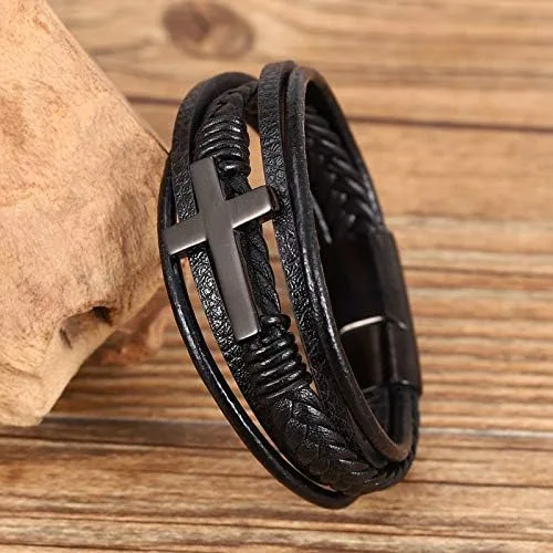 Miniatura 4 de Pulsera trenzada marrón casual de cuero negro para hombre