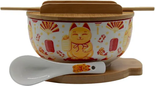 Miniatura 9 de XWORLD Juego de cuencos de cerámica japonesa para fideos ramen con cuchara de cerámica, palillos de bambú, tapa y salvamanteles, capacidad