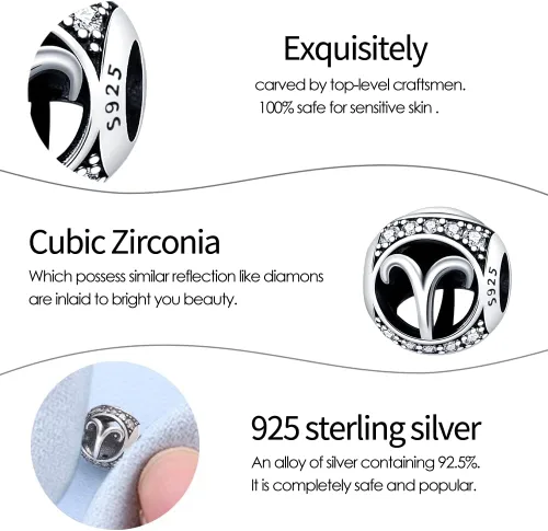 Miniatura 6 de Zodiac Sign Bead Birthday Charms 925 Sterling Silver Birthstone Charms Fits Women's Charm Bracelet & Necklace Bangle Gifts for Girls & Friends