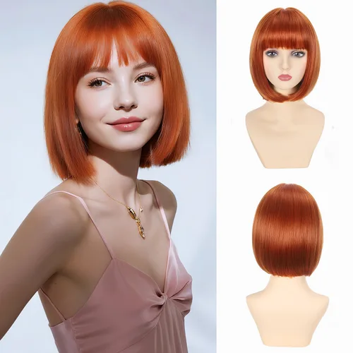 Miniatura 17 de Peluca Bob Marrón Ceniza con Flequillo, Peluca Corta y Lisa para Mujeres y Niñas, 12 Pulgadas, Resistente al Calor, Peluca de Cabello Bob Sintético
