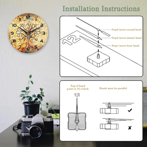 Miniatura 4 de Reloj de pared vintage, funciona con pilas, reloj de árbol para sala de estar, dormitorio, baño, cocina, 10 pulgadas Árbol de la vida vintage