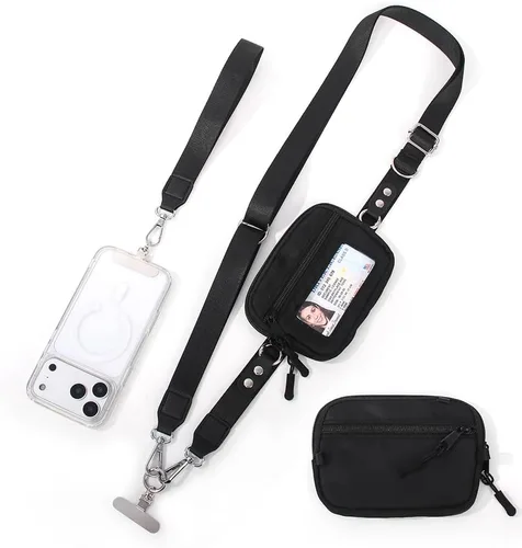 Miniatura 18 de Soporte cruzado para teléfono para mujer, nueva correa de teléfono con bolsa con cremallera, correa cruzada ajustable Negro