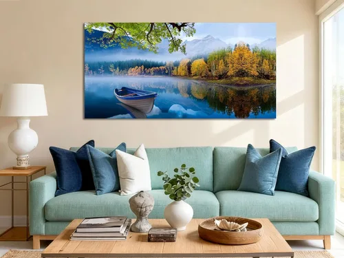 Miniatura 22 de Arjun Lienzo artístico para pared de árbol de la vida para sala de estar, pintura de árbol azul y verde azulado, 50% pintada a mano, imagen