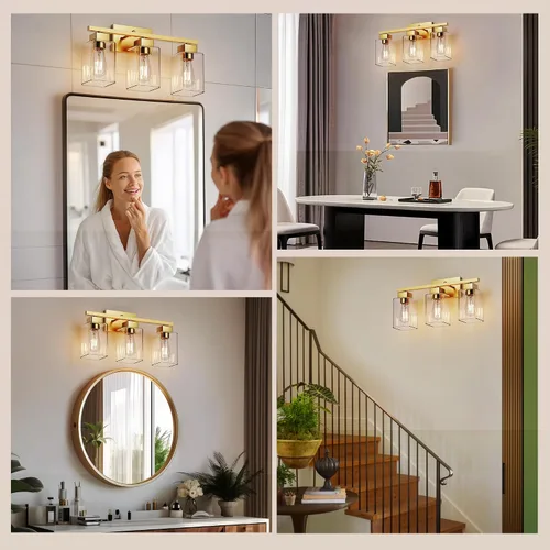 Miniatura 7 de PARTPHONER Lámparas de baño de 3 luces, luces de tocador modernas de oro cepillado, accesorios de iluminación de baño sobre el espejo, apliques