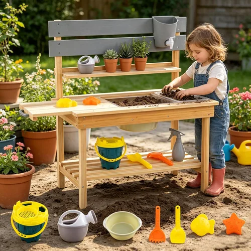 Miniatura 10 de HONEY JOY Cocina de barro, cocina de madera de abeto para niños, mesa de barro, agua corriente, fregadero extraíble, juego de cocina para niños al