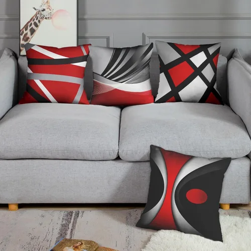 Miniatura 4 de Emvency - Juego de 4 fundas de almohada decorativas modernas con rayas abstractas en rojo, gris, negro y blanco, acrílico, gris audaz, fundas