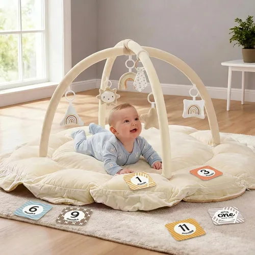Miniatura 8 de Mallify Gimnasio de felpa 5 en 1 para bebés, tapete de juego para bebés, gimnasio convertible para bebés con manta y 6 juguetes, tapete