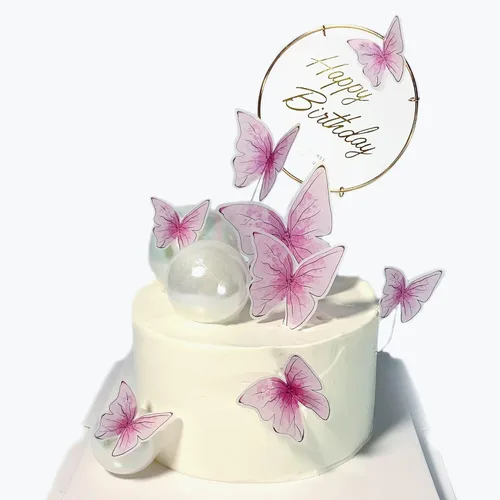 Miniatura 8 de Juego de 11 unidades de decoraciones de mariposa para pastel rosa dorado - Decoración de pastel de feliz cumpleaños de metal dorado (LL-652)