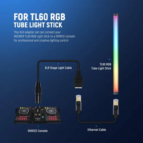 Miniatura 2 de Neewer Cable DMX XLR hembra de 3 pines a RJ45 hembra, paquete de 2 conectores adaptadores RJ45 a 3 pines XLR solo tubo TL60 RGB varita de luz