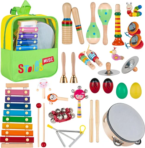 Miniatura 12 de Stoie's - Juego de instrumentos musicales para niños – Instrumentos de percusión de madera para niños pequeños, xilófono, pandereta, maracas