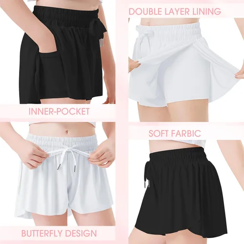 Miniatura 2 de 2 Packs Girls Athletic Butterfly Shorts Flowy Shorts for Kids with Pocket 2-in-1 Tennis Running Shorts for Active Workout