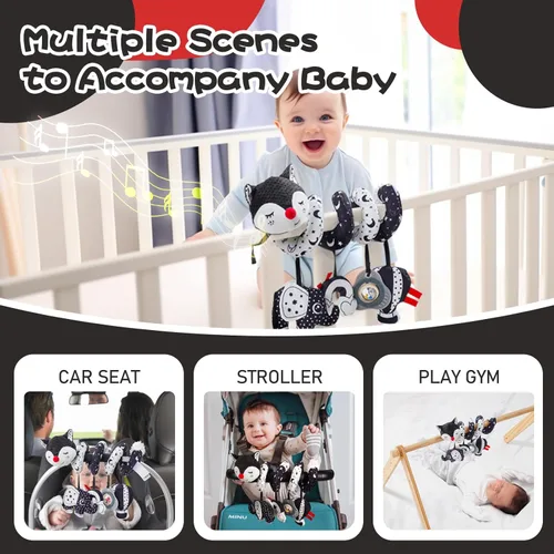 Miniatura 5 de Jollybaby Cochecito de cuna, juguete de asiento de automóvil para bebé de 0-3-6-9-12 meses, juguetes sensoriales colgantes para recién nacido