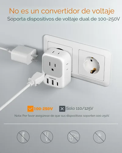 Miniatura 5 de Adaptador de enchufe de viaje europeo USB C, adaptador de enchufe internacional TESSAN con 4 salidas de CA, 3 puertos de carga USB, adaptador