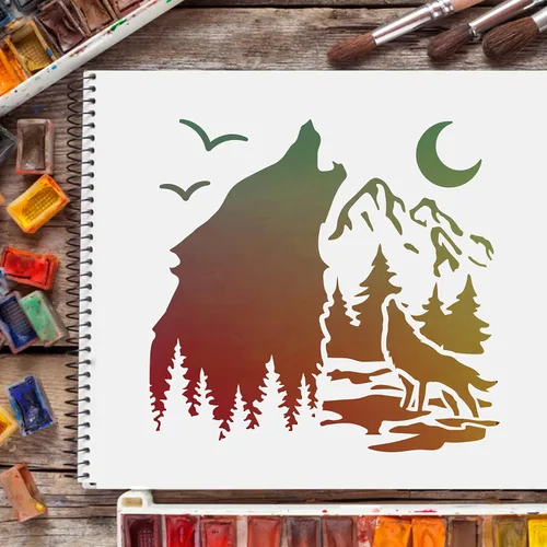 Miniatura 6 de FINGERINSPIRE Plantillas de decoración de lobo de 11.8 x 11.8 pulgadas, plantillas de plástico para dibujar y pintar con la luna del bosque