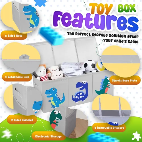 Miniatura 3 de Organizador de almacenamiento de juguetes extra grande para niños, caja de juguetes plegable de 40 x 13 x 16 pulgadas con 3 tapas, divisores