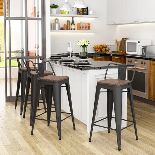 Miniatura 2 de Taburetes de bar de metal con respaldo, juego de 4 taburetes de altura de encimera de cocina con asiento de madera de 24 pulgadas, negro mate