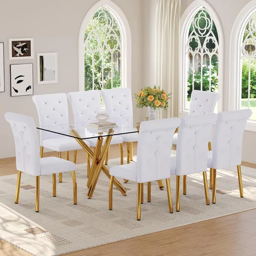 Miniatura 14 de Ebullient Moderno juego de mesa de comedor para 6, mesa de comedor de cristal de 71 pulgadas y patas de mesa de metal dorado, mesas de comedor
