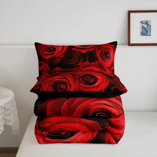Miniatura 4 de Juego de edredón de rosas rojas, tamaño individual, juego de ropa de cama floral rojo degradado negro para niñas, mujeres, niños, adolescentes