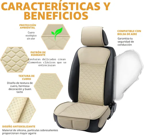 Miniatura 3 de Elantrip Fundas para Asiento de Coche de Cuero, Protector de Asiento de Coche para Mujeres, Compatible con Airbag, Funda de PU con Patrón de Beige