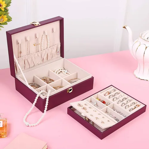 Miniatura 4 de Voova - Joyero organizador para mujeres y niñas, 2 capas de almacenamiento de joyas grandes para hombres, soporte para joyas de piel sintética
