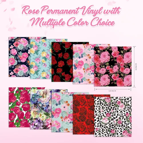 Miniatura 2 de Tintnut Vinilo permanente – 10 hojas de 12 x 10 pulgadas, hojas de vinilo adhesivo permanente con patrón floral rosa para máquina de corte