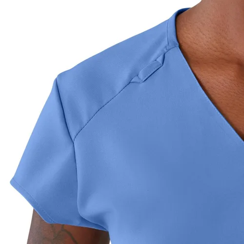 Miniatura 3 de ave. Camiseta médica Monroe con cuello en V y dos bolsillos para mujer, color azul Ceil, talla M