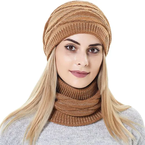 Miniatura 3 de Conjunto de gorro y bufanda para mujer para niñas, gorro de esquí de invierno de punto cálido con forro polar