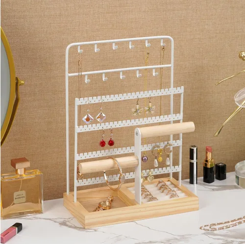 Miniatura 5 de JAZUIHA Organizador de joyas con organizador de aretes, collar y pulsera, colgador de 3 niveles para exhibición de joyas y almacenamiento de aretes