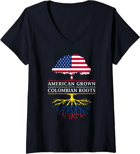 Camiseta con cuello en V Colombia cultivada en Estados Unidos con raíces colombianas para mujer, Negro, S