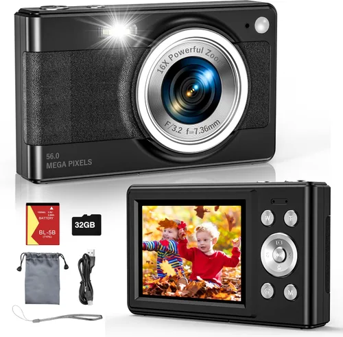 Nueva cámara digital 2025, 56MP FHD 1080P para niños con zoom digital de 16x, antivibración, detección facial, captura de sonrisas, tarjeta TF de 32