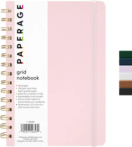 PAPERAGE - Libreta de papel cuadriculado y diario en espiral (color rosa), 160 páginas, tamaño mediano de 5.5 x 8 pulgadas - Papel cuadriculado Rosa