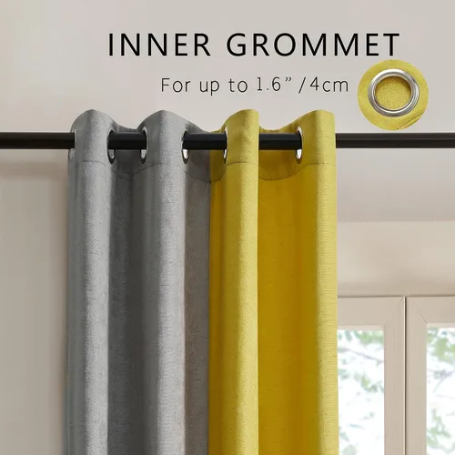 Miniatura 2 de PRIMROSE Cortinas de lino azul marino amarillo de 63 pulgadas de largo para sala de estar, juego de 2 paneles opacos con aislamiento térmico