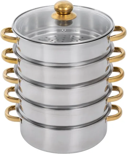 Steamer Pot,5-Tier Stainless Steel Stockpot Steamers with Glass Lid and Anti-Scalding Handles,Polishing Steamer Cookware Pot for Induction Cookers