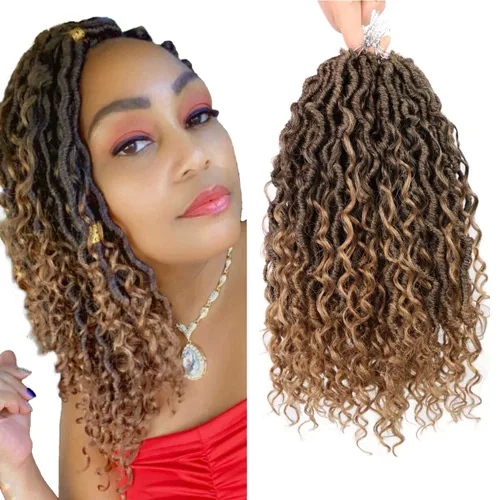 Miniatura 70 de Cabello de Crochet de 8 Pulgadas para Mujeres Negras, 7 Paquetes de Cabello de Crochet Goddess Locs con Puntas Rizadas, Locs Falsos Cortos con Bucle
