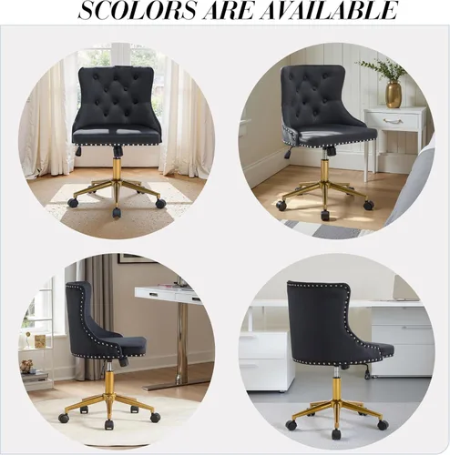 Miniatura 9 de Silla de escritorio de terciopelo sin brazos para oficina en casa, silla giratoria con altura ajustable, pequeña y linda silla de tocador para Negro