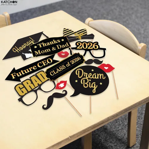 Miniatura 9 de KatchOn, Accesorios para cabina de fotos de graduación – Paquete de 40 Accesorios de fotos de graduación negro y dorado, decoraciones