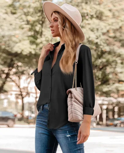 Miniatura 3 de siliteelon Camisas de manga larga con botones de gasa para mujer: blusas de trabajo con cuello para negocios, oficina, vestidos casuales