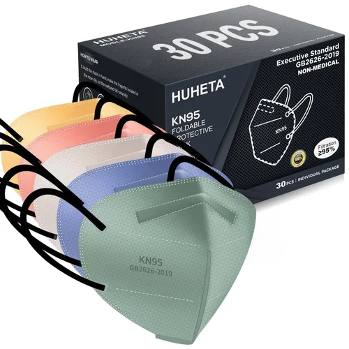 Miniatura 9 de HUHETA Mascarilla KN95, paquete de 30 unidades envueltas individualmente, mascarilla de seguridad de 5 capas transpirable y cómoda, eficiencia