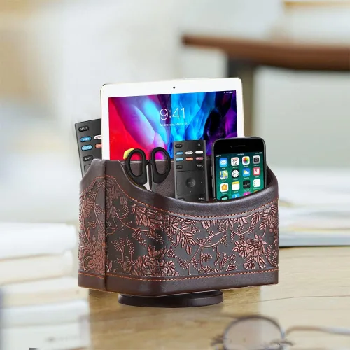 Miniatura 7 de Organizador para control remoto giratorio de 360°, organizador de control remoto de TV de piel sintética con cesta de almacenamiento de 5