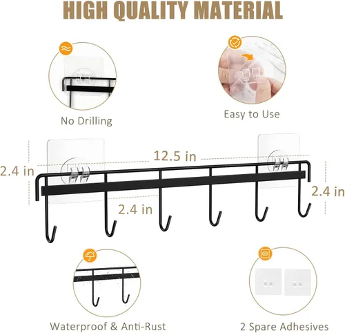 Miniatura 5 de Utensil Hooks Wall Utensil Holder Rail with 6 Hooks Kitchen Utensils Hanger No Drilling Wall Mounted Adhesive Utensil Hooks for Kitchen, Bathroom